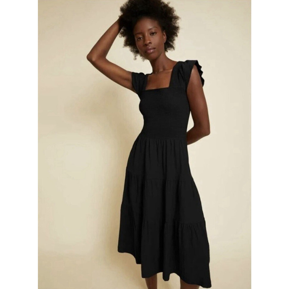 Nation‎ LTD Josie Smocked Tiered Midi Black Dress Sz S Pima Cotton Boho Preppy